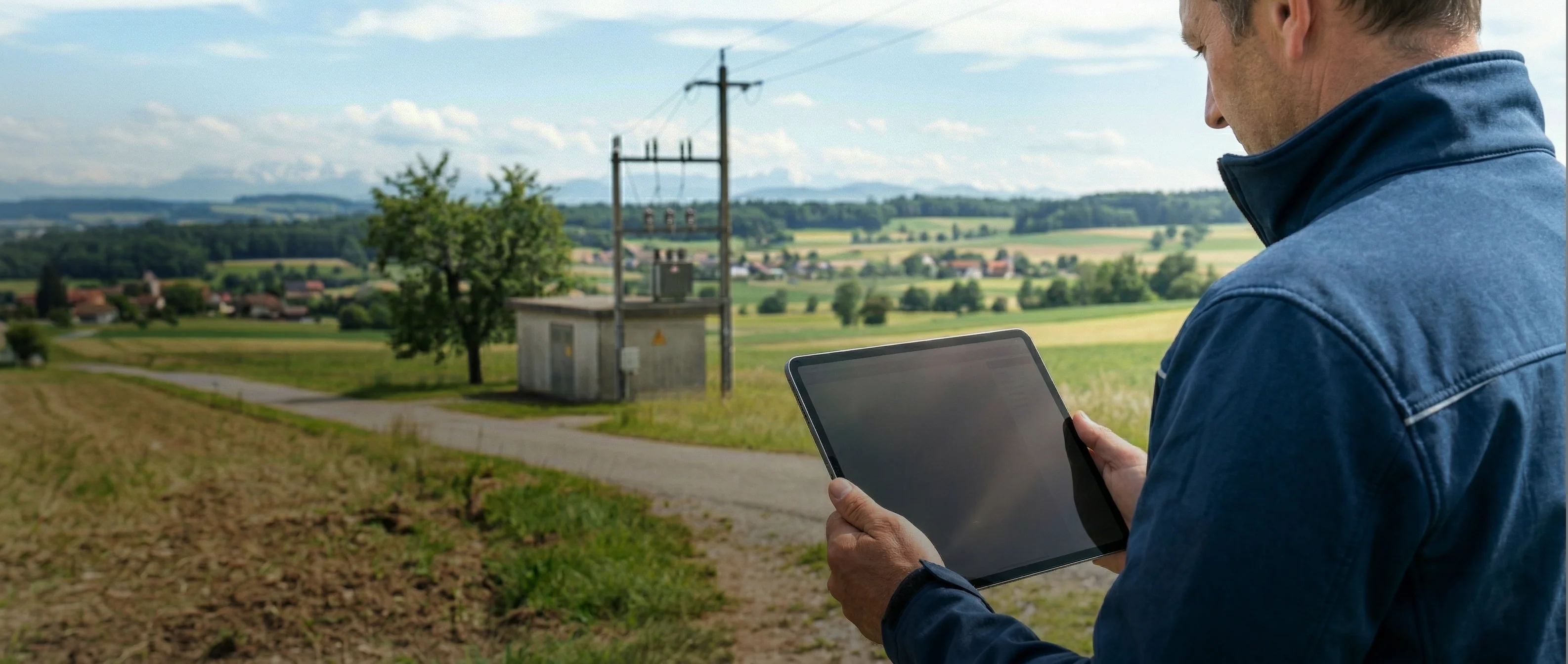 Person mit Tablet in ländlicher Umgebung